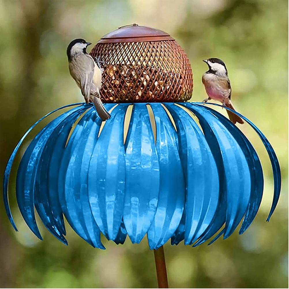 Qcwwy Piquets de Fleurs en Métal, Mangeoire à Oiseaux Bleue pour Jardin Extérieur, Plateau de Graines d'oiseaux en Métal avec Conception Pliable Facile et Piquet de Fleurs (Blue)
