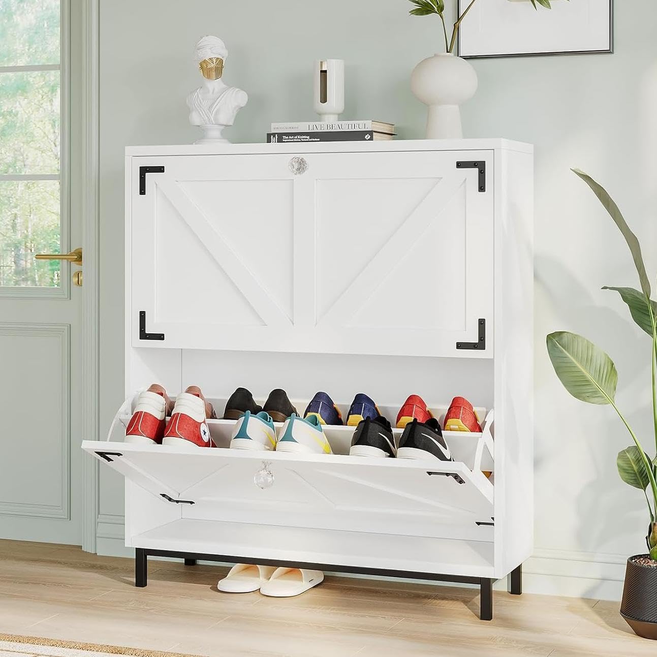 VOWNER Zapatero Entrada Recibidor, 2 Puertas, Zapatero Blanco, Particiones Ajustables, Madera, para Entrada Estrecha, con Patas de Acero, 80 x 24 x 92 cm, Pasillo
