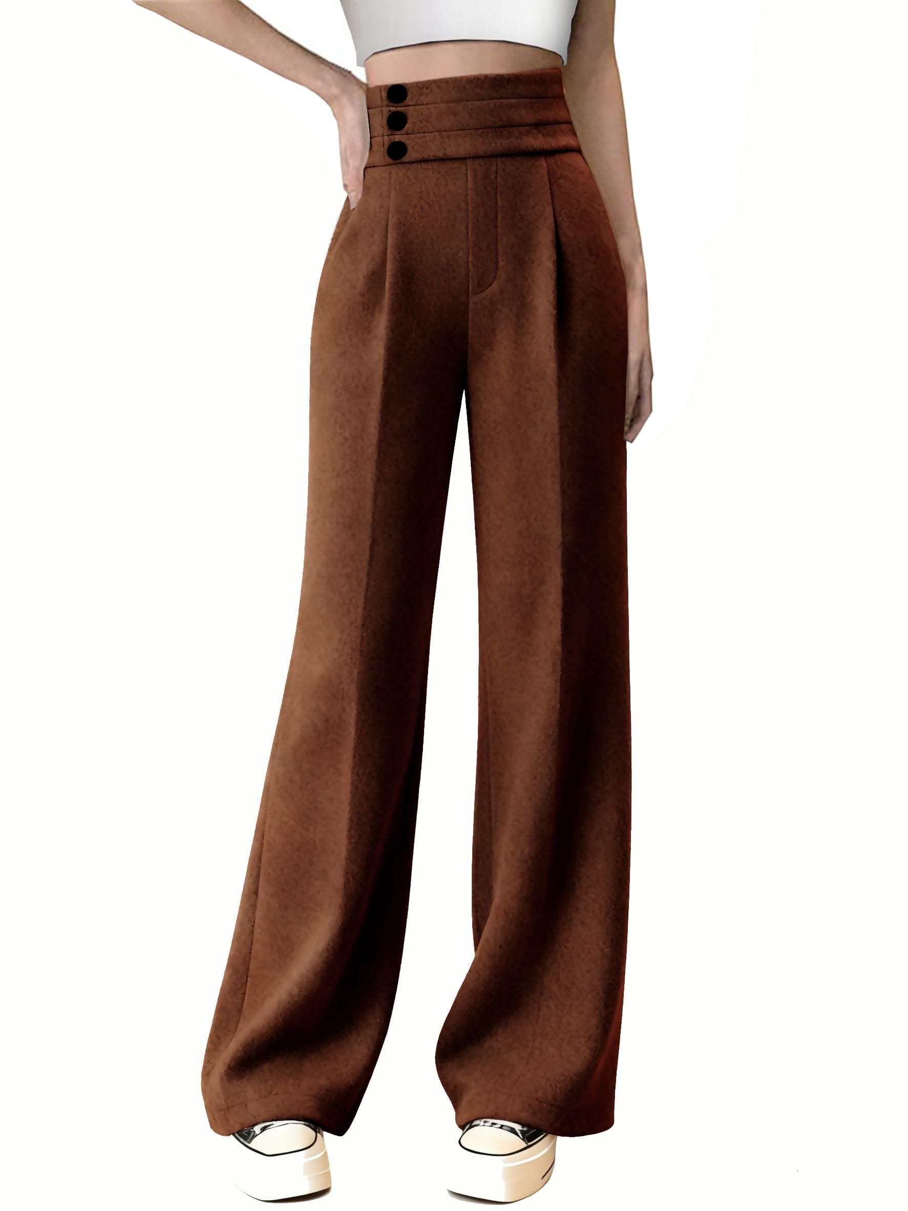 Betusline Womens High Waist Dress Pants Business Side Button Work Wide Leg Pants Straight Leg Trousers X-Small-XX-Large