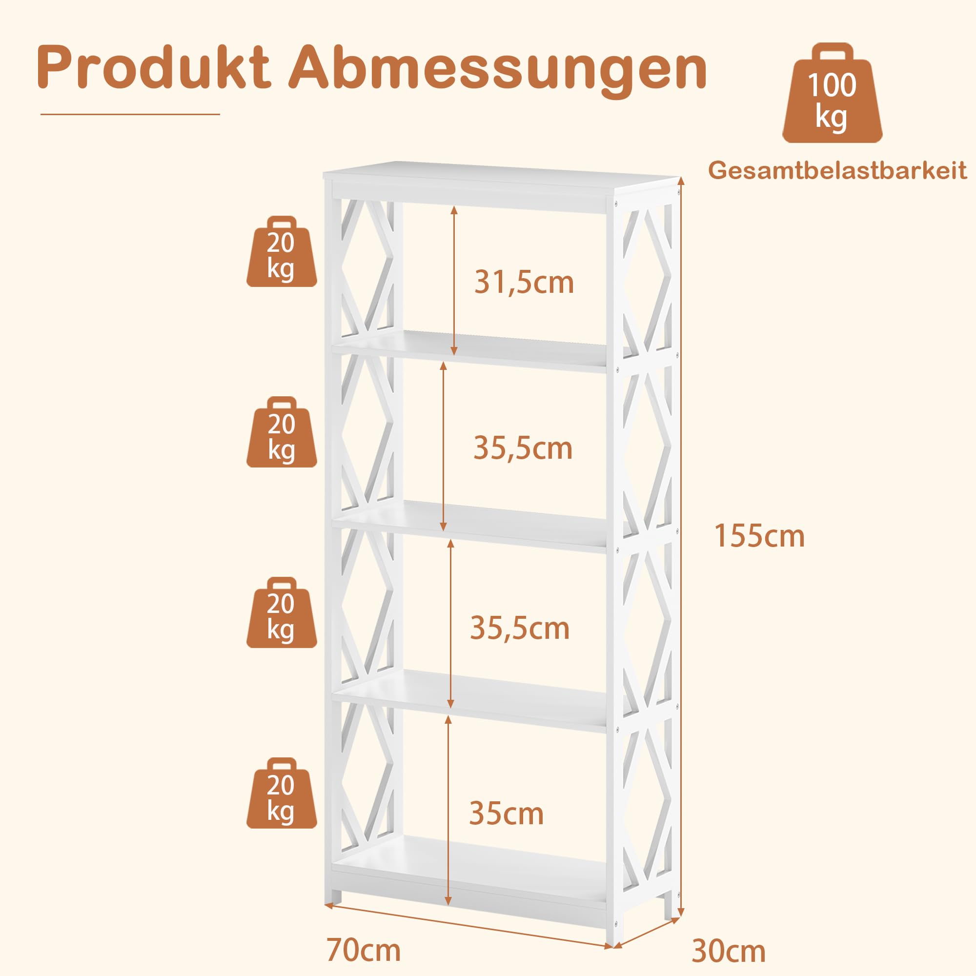 COSTWAY 5-stöckiges Bücherregal, offenes Holzregal mit rhombischer Struktur, Standregal weiß, freistehendes Aufbewahrungsregal für Küche, Wohnzimmer & Schlafzimmer, 70 x 30 x 155 cm