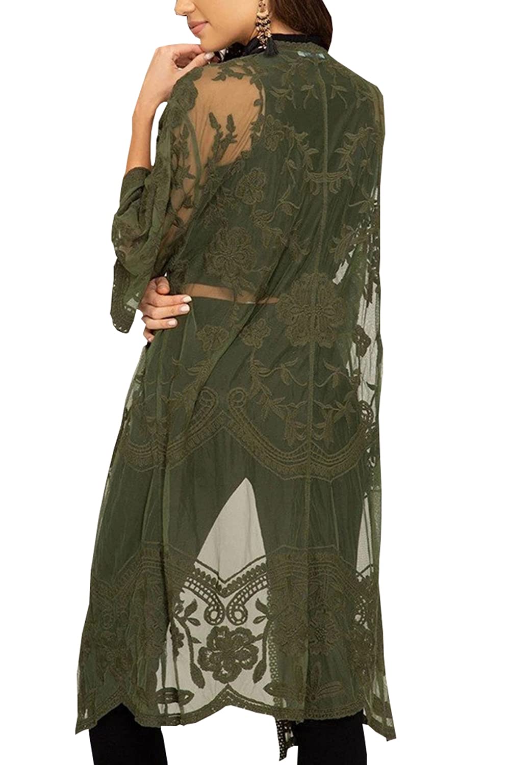 Kimono de encaje verde estilo cárdigan largo calado con caída ligera fluida 5
