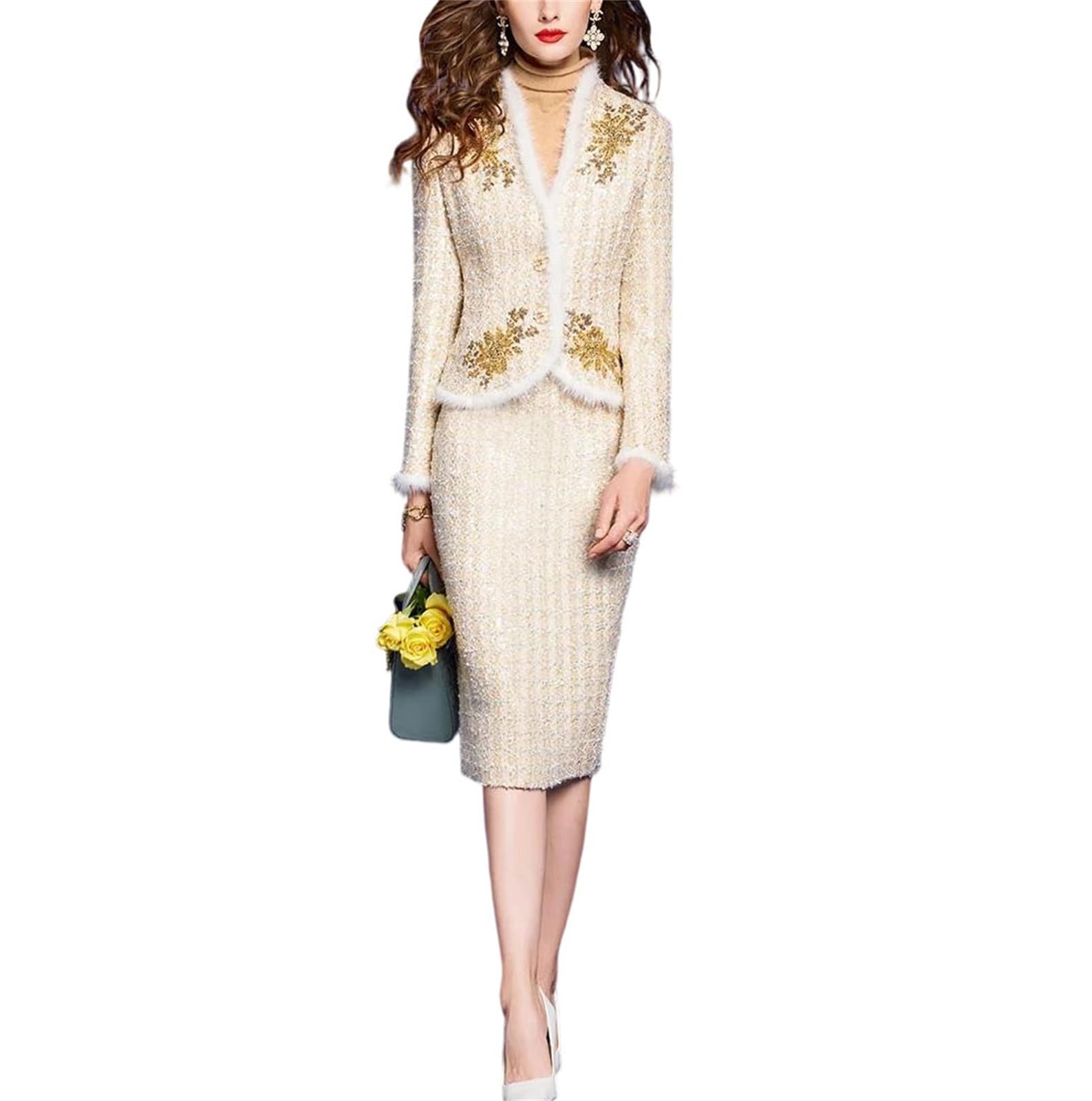 Womens Beaded Tweed Patchwork Jacket and Pencil Skirt Two Piece Matching Set Elegant Outfit for Evening Party