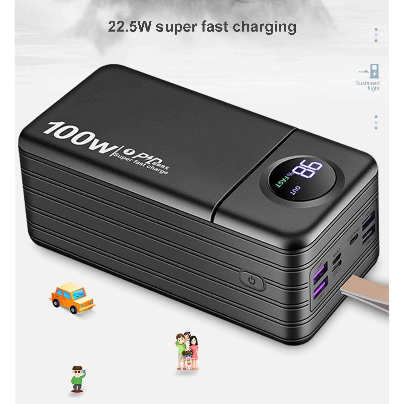 WSGDSG Powerbank, draagbare 100000mAh-oplader met uitgangen en ingangen, snelle iPhone-oplader met zaklamp, externe USB-C batterij met extreem hoge capaciteit (grootte: zwart, kleur: 100000 mAh