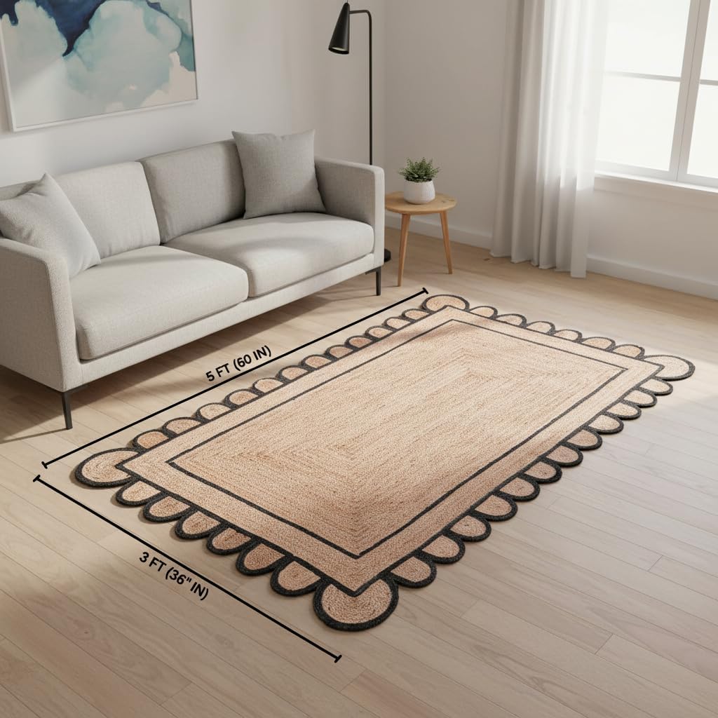 Braided Scalloped Jute Rug Natural with Black Trim, Handmade Farmhouse Boho Area Rug for Entryway, Kitchen, Hallway, Living Room, Bedroom, Rustic Woven Floor Rug - (Black- 3X5 ft)