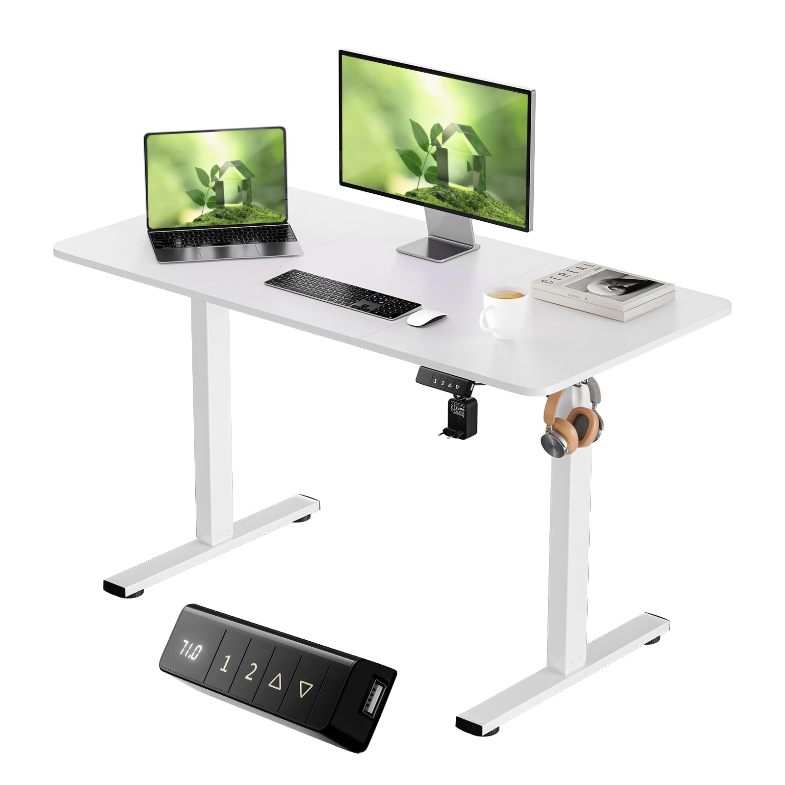 Devoko 140x60 cm Scrivania Regolabile in Altezza, Elettrica per Lavoro in Piedi,Ufficio e Casa, Standing Desk Scrivania Studio in Casa con Piano Assemblato, Marrone