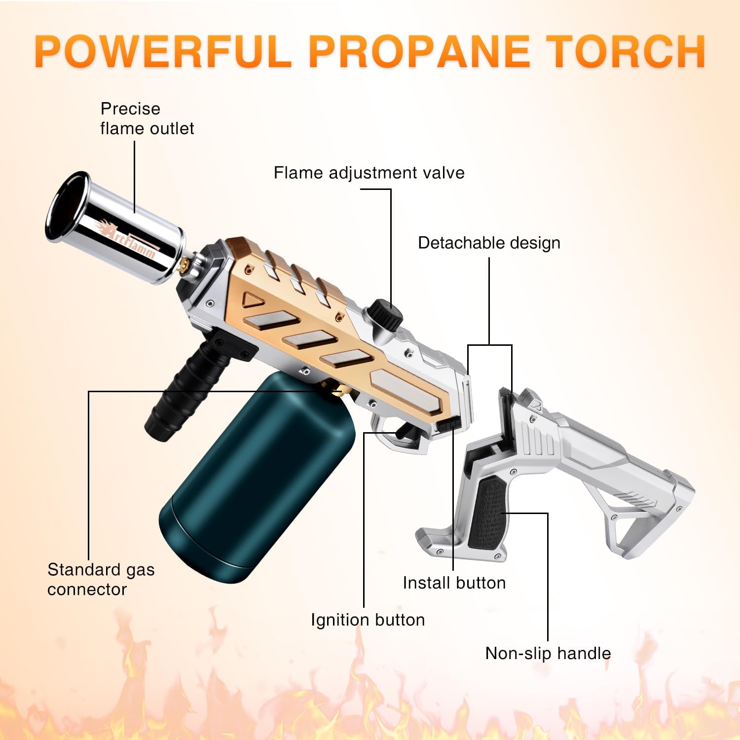 Powerful Propane Torch Gun, Kitchen Grill Torch with Detachable Design, Adjustable Flamethrower Torch Burner for Searing Steak, BBQ, Welding, Camping Charcoal Lighter(Tank Not Included)
