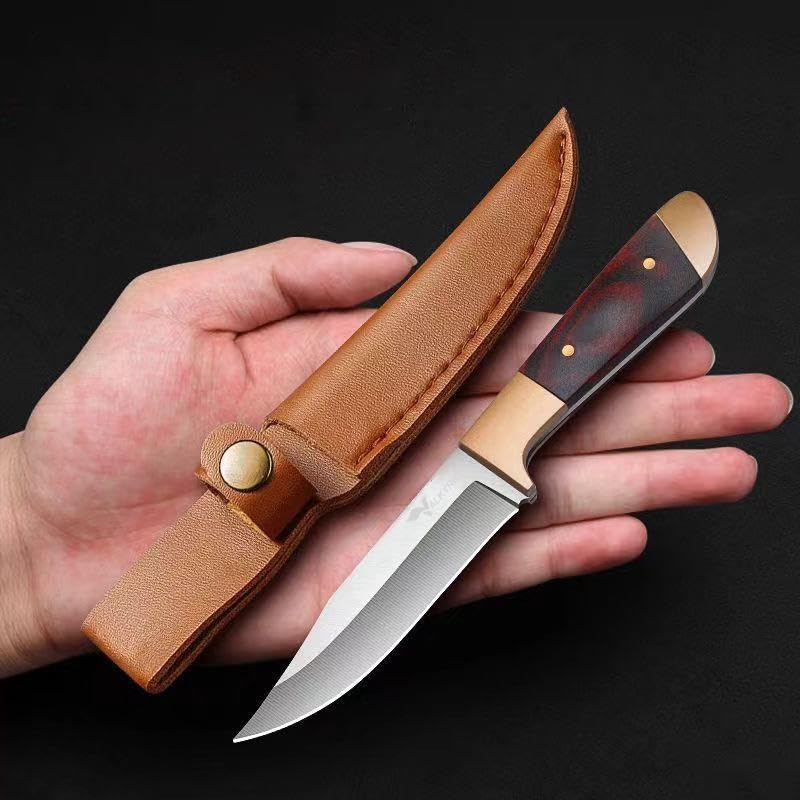 Valkyrie Paslanmaz Çelik Kamp Bıçağı | 16 cm Outdoor Av Bıçağı Deri Kılıflı Kompakt Bıçak Kahve
