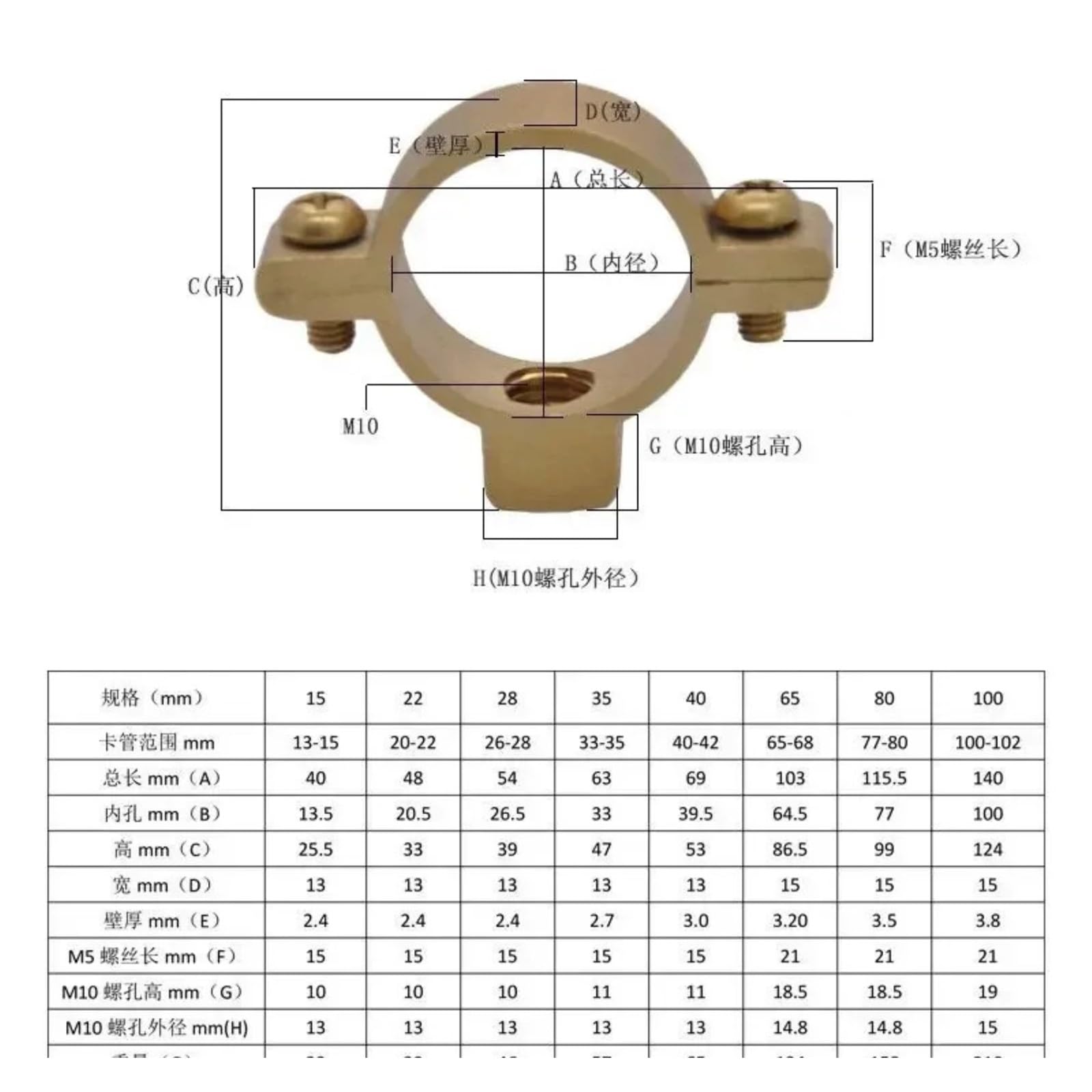 Staffa For Morsetto For Tubo In Ottone M10 15-100 Mm