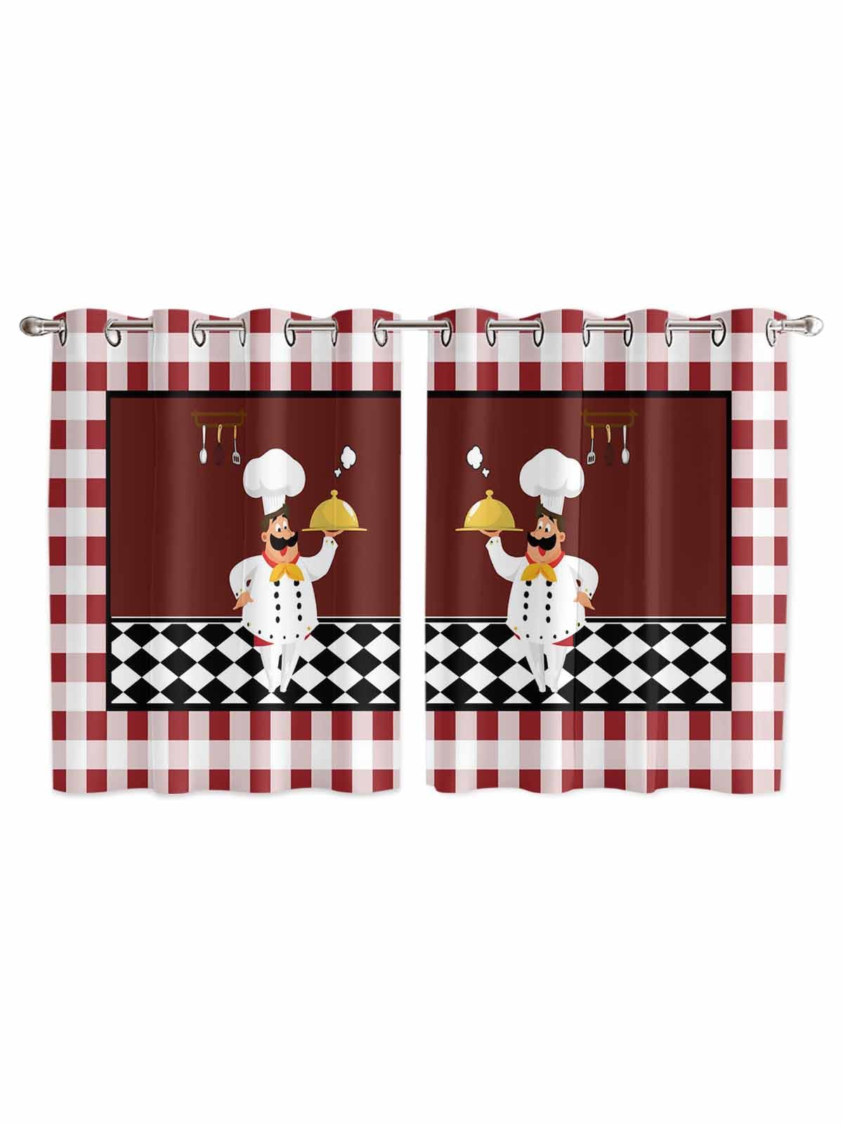 Kitchen Chef with Gourmet 2 Piece Window Curtain for Bedroom Living Room 52 Inch Long, Red Checkered White Lace Privacy Protection Drapes with Grommet Top (104" W x 52" L)