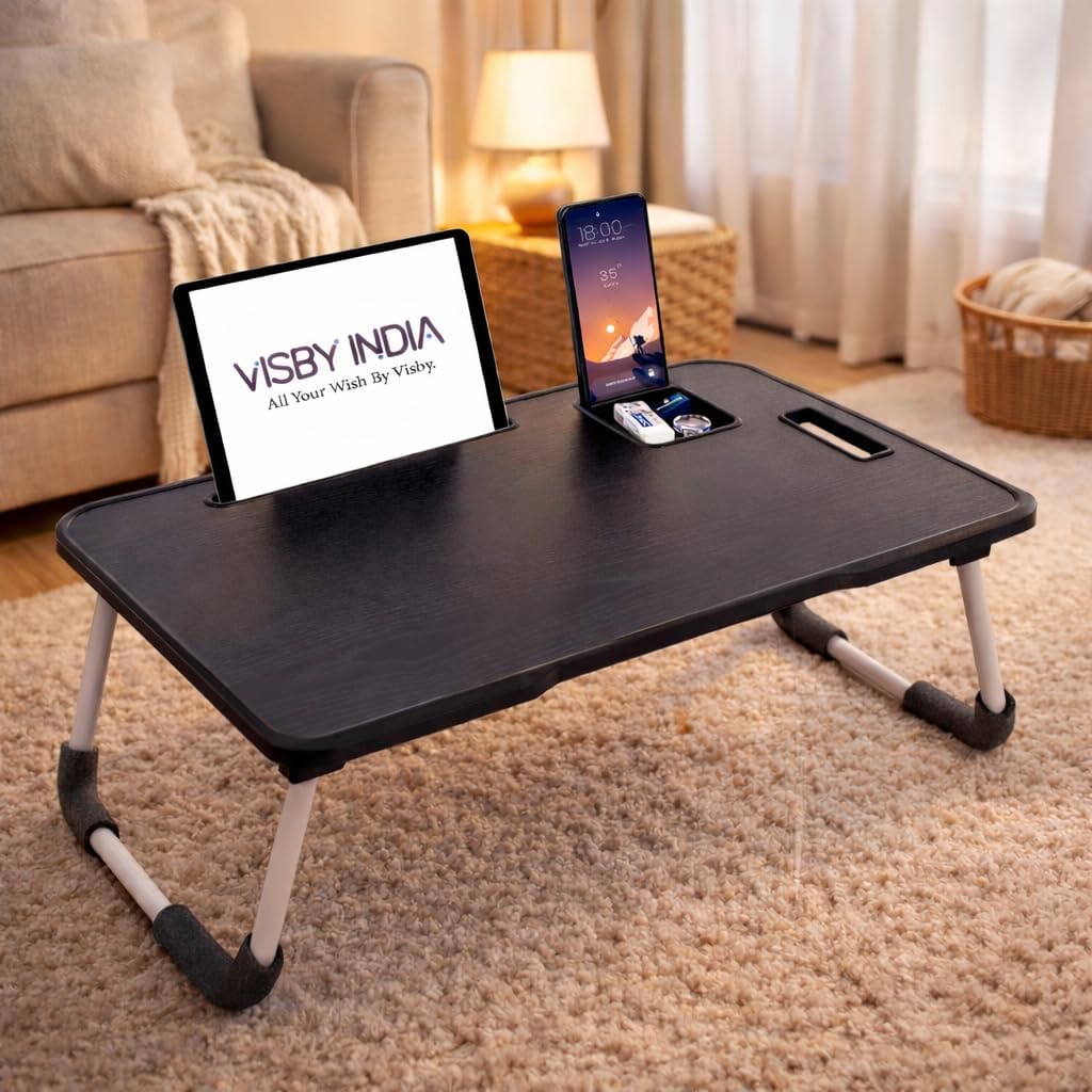 Smart Latest Multipurpose Foldable Laptop Table with Cup Holder, Study Table, Bed Table, Foldable and Portable/Ergonomic & Rounded Edges/Lifetime Non-Slip Legs (Black C-Bidding)