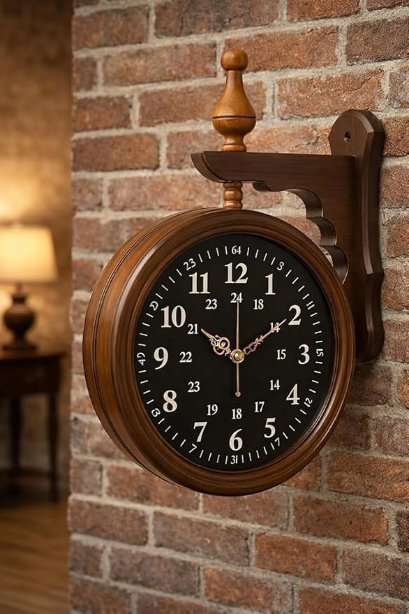 Vintage Double-Sided Railway Station Wall Clock | Retro Hanging Analog Clock with Decorative Wall Bracket | Antique Style Home, Office, Café & Restaurant Décor (Black) (Design 3)-image-48