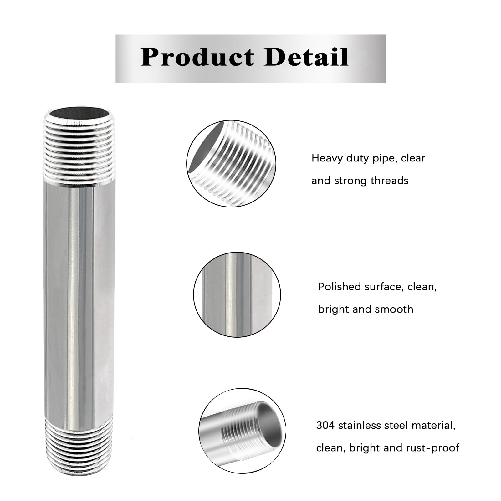 ChillWaves 304 Stainless Steel Pipe Fitting, Nipple Cast Pipe 1/4" NPT