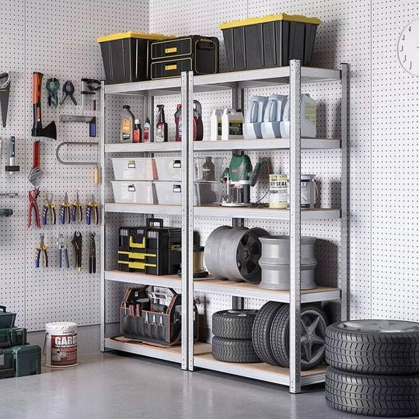 Metaliczny regał magazynowy 3 w 1, regał do piwnicy, spiżarni, garażu i komory gospodarczej, regał do dużych obciążeń - wymiary 180 x 90 x 40, z 5 półkami MDF - czarna stal