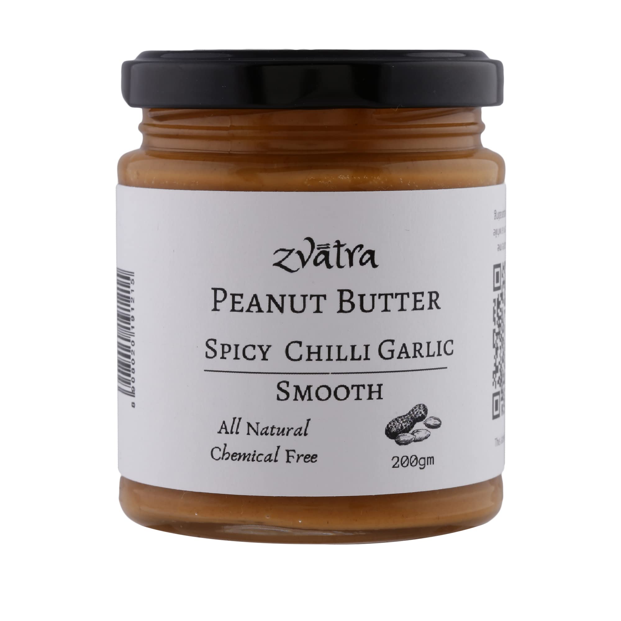 Zvatra Peanut Butter Spicy Chilli Garlic Flavor 200 grams, Sweetened, Hand Roasted, Stone Ground, Vegan