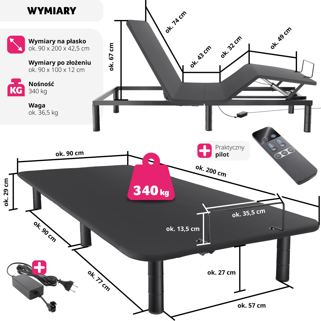 tectake® Elektryczny Stelaż do Łóżka, z Dwoma Mocnymi i Cichymi Silnikami, Regulacja Oparcia i Podnóżka, Sterowanie Pilotem, Wytrzymała Stalowa Konstrukcja, Nogi z Regulacją Wysokości, 90 X 200 cm