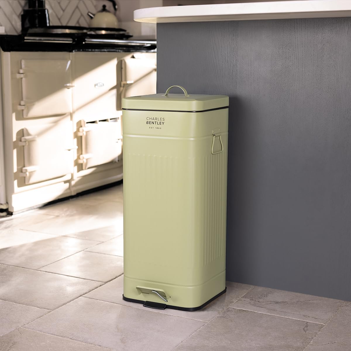 CHARLES BENTLEY Kitchen Bin, 30 Litre, Steel, Square, Retro Style, Kitchen Pedal Waste Bin, Green, Contemporary, Aesthetic, Convenient, Side And Lid Handles, Inner Bucket, Easy Emptying (67x27cm) — image 1