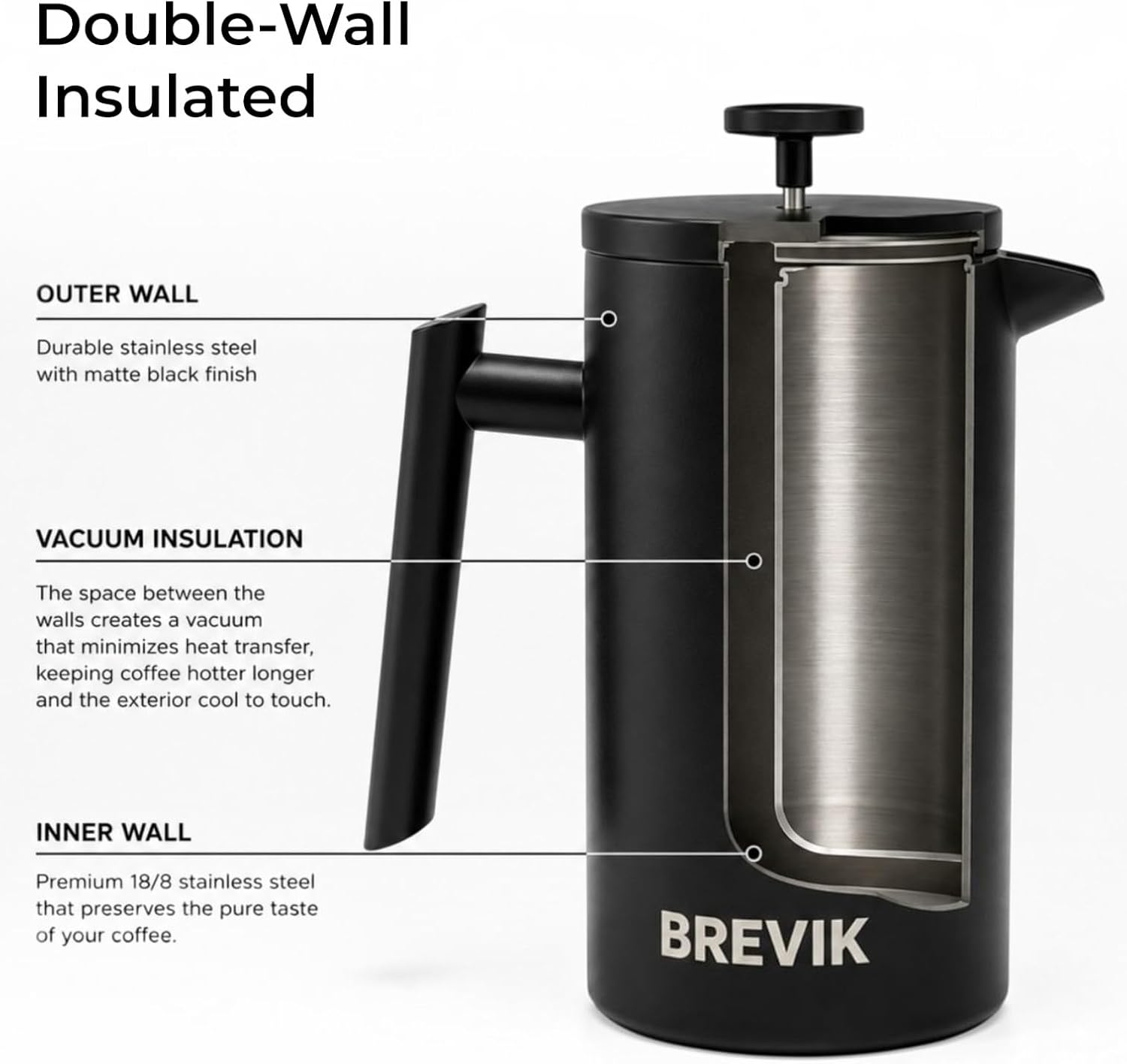 Brevik Premium French Press Coffee Maker Starter Gift Set | 34 oz (1000ml) Double Wall Insulated Stainless Steel French Press, Coffee Scoop, Stirring Spoon, Leather Trivet, Bag Clip