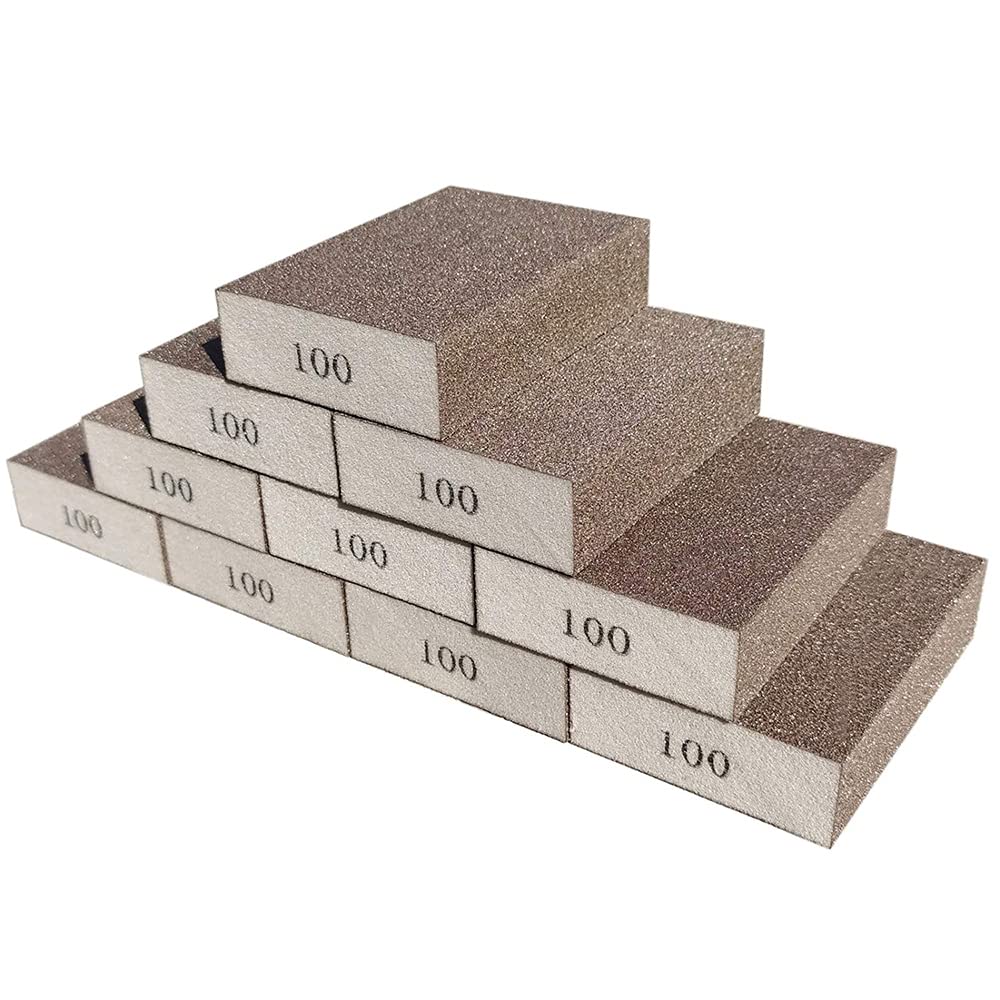 10 Pack 100 Grit Sanding Sponge, Washable and Reusable Blocks for Wood, Metal, Pots, Pans, Glasses - Great for Multiple Surfaces