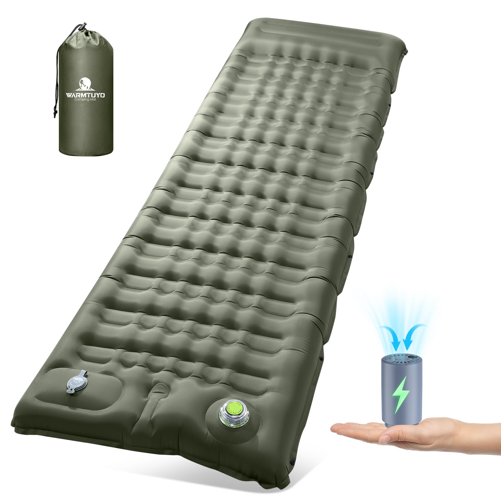 WARMTUYO Materassino da Campeggio Autogonfiante con Pompa Elettrica Integrata, 12cm Spesso Gonfiabile con Cuscino, Impermeabile, Antiscivolo, Super Spesso per Tenda, Viaggi, Escursioni Outdoor