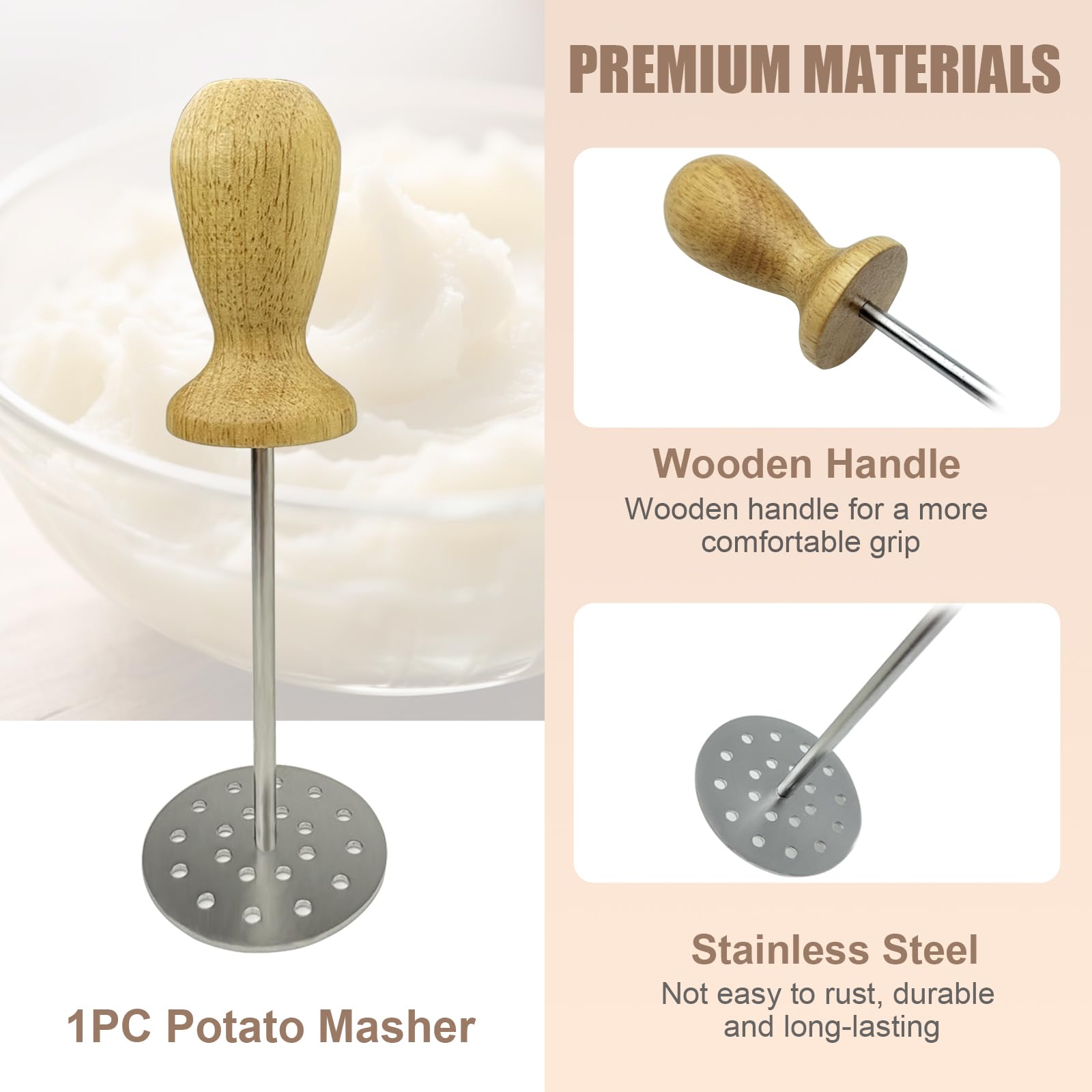 WAHMLA Potato Masher, Stainless Steel Heavy Duty Metal Potato Ricer, Food Masher Utensil, Hand Masher, Vegetables Fruits Mashe, Dishwasher Safe