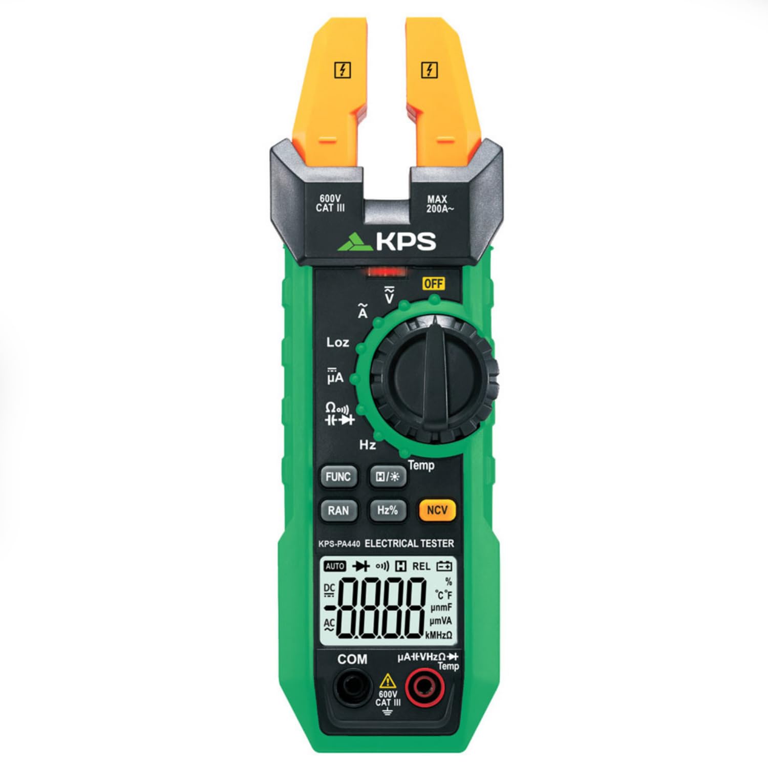 KPS-PA440 Pinza Amperimétrica Profesional con Maxilar Abierto - Multímetro Digital con Medición de Corriente AC 200A, Corriente DC 1000µA, Voltaje AC/DC 600V, Temperatura, Frecuencia, Capacidad y NCV