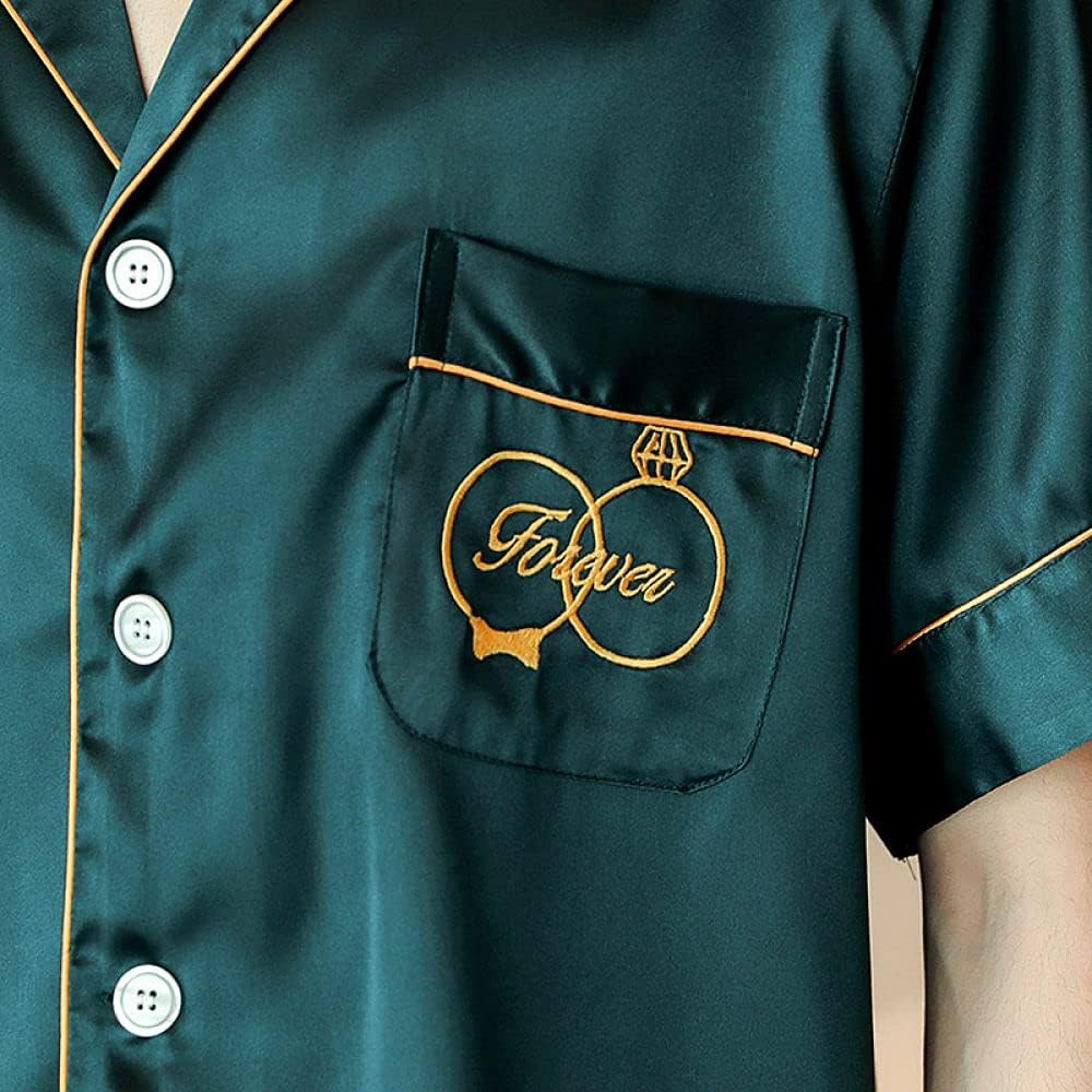Couple Satin Pajamas Suit Sexy V-Neck lace Sleep Suit Black Men 3XL (Green Large)