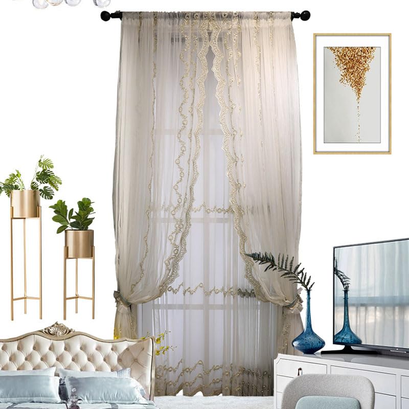 Rideaux en tulle brodés à perles latérales pour salon, fil beige de luxe, tulle transparent pour chambre à coucher, balcon, fil de perles, 1 pièce de tulle de perles, 1 pièce de largeur 250 x hauteur