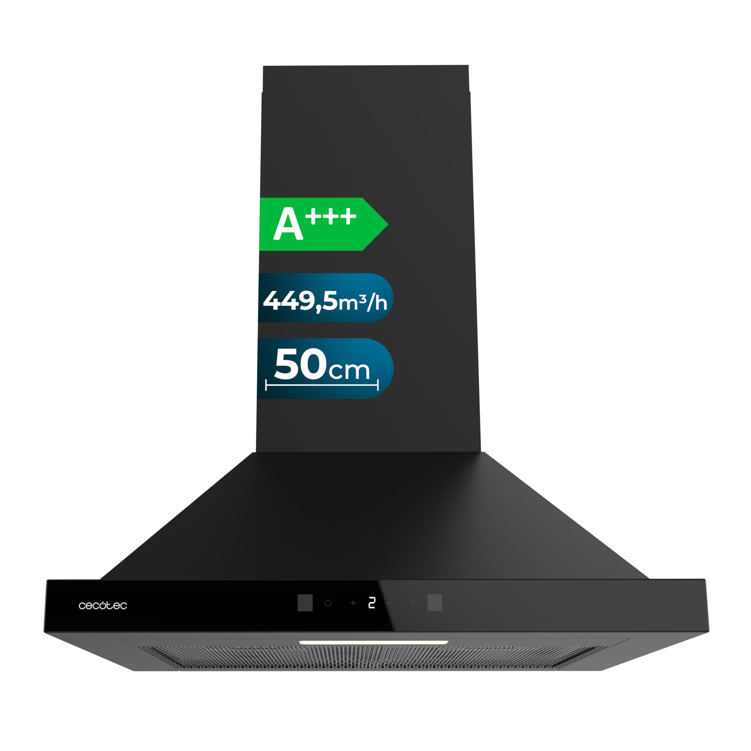 Cecotec Pyramiden-Dunstabzugshaube 50cm Bolero Flux PT 504400 Black A++, 449,5 m³/h, Energieklasse A++, Booster mit hoher Effizienz und innovativer Technologie für moderne Küchen
