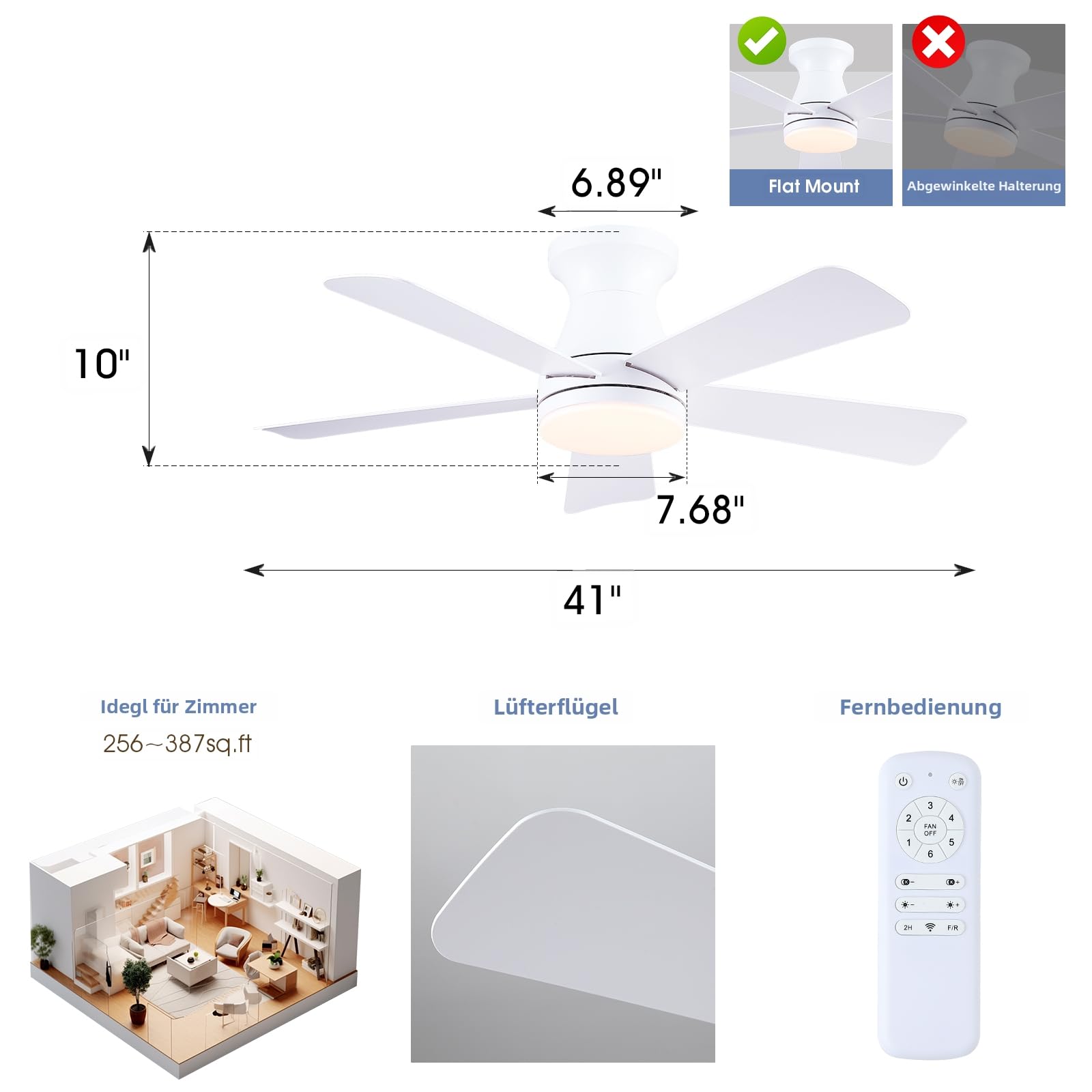 Ventilateur de plafond plat de 104 cm avec éclairage LED et télécommande, 3 couleurs de lumière réglables, 6 vitesses, ventilateur de plafond moderne encastrable pour chambre à coucher et cuisine