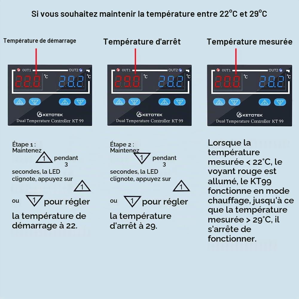 KETOTEK Regulateur de Temperature 220V Thermostat avec 2 étanche Sondes | Double Controleur de Temperature Numerique pour Aquarium Incubateur Couveuse, Mode chauffage et refroidissement