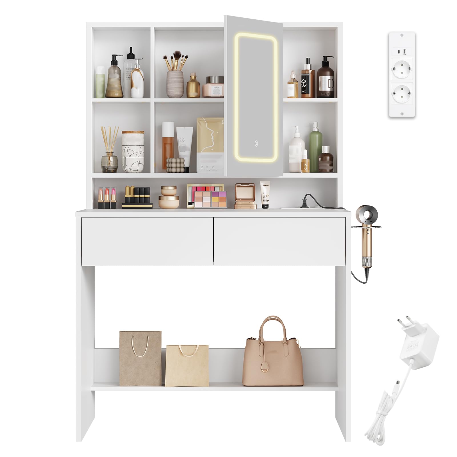 HOOBRO Schminktisch mit Verstellbarer LED-Beleuchtung, Schminktisch mit Spiegel und integrierter Steckdosenleiste (2 Steckdosen, 1 USB-A und 1 Typ C), 2 Schubladen Weiß EWT40CDSZ01DE