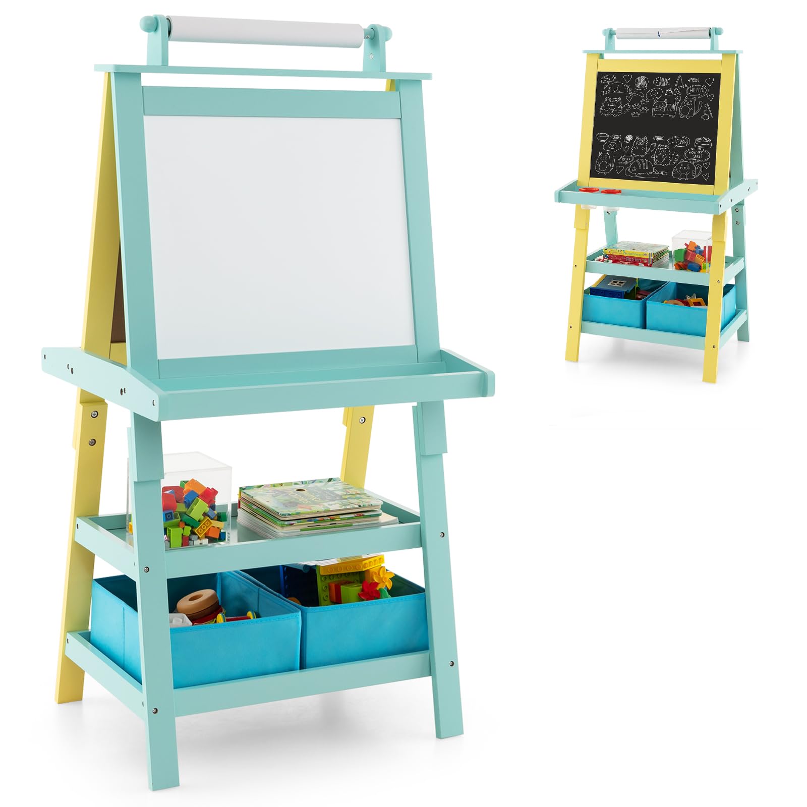 GYMAX Wooden Kids Easel, Double Sided Whiteboard & Chalkboard Painting Easel with Paper Roll, 2 Storage Boxes and 2 Pigment Cups, Art Drawing Board Stand for Children (Sky Blue + Yellow)
