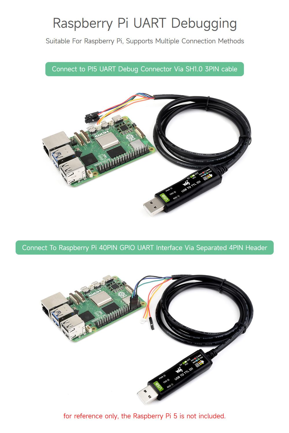Waveshare Industrial USB TO TTL (D) Serial Cable, FT232RNL Chip, Multi Protection Circuits, for Win7/8/10/11/Mac/Linux, With 4pin Header+SH1.0 3PIN Connector, For Raspberry Pi 5 Serial Port Debugging