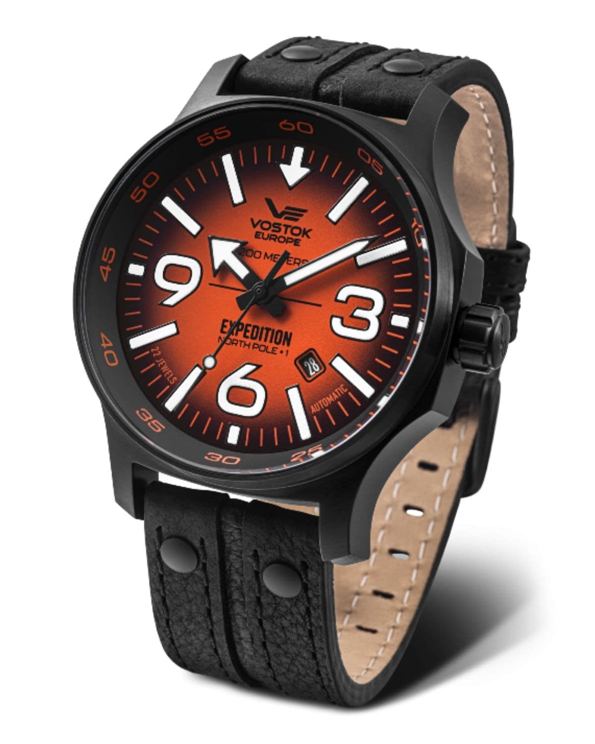 Vostok EuropeYN55 Men's Watch with Multiple Stitched Rivets Leather Strap Expedition North Pole 1 Automatic Date, Orange / Black, Strap.