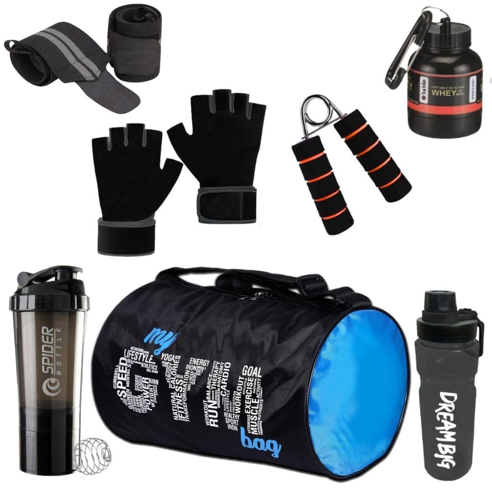 (Pack of 7) My Gym Bag Combo for Men,Shaker Bottle | Sipper Bottle Gym Gloves l Whey Container Gym kit for Men and Women Gym Bag & Fitness Kit & Premium Bag Combo (Black)
