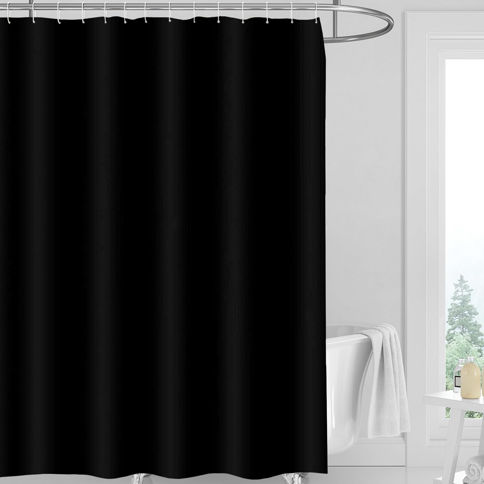 FAVORTALK Shower Curtain Black Waterproof Polyester Mould Proof Resistant Shower Curtains 71"x 71" with 12 Hooks 180 x 180cm Solid Bath Curtain Washable 43704 — image 1