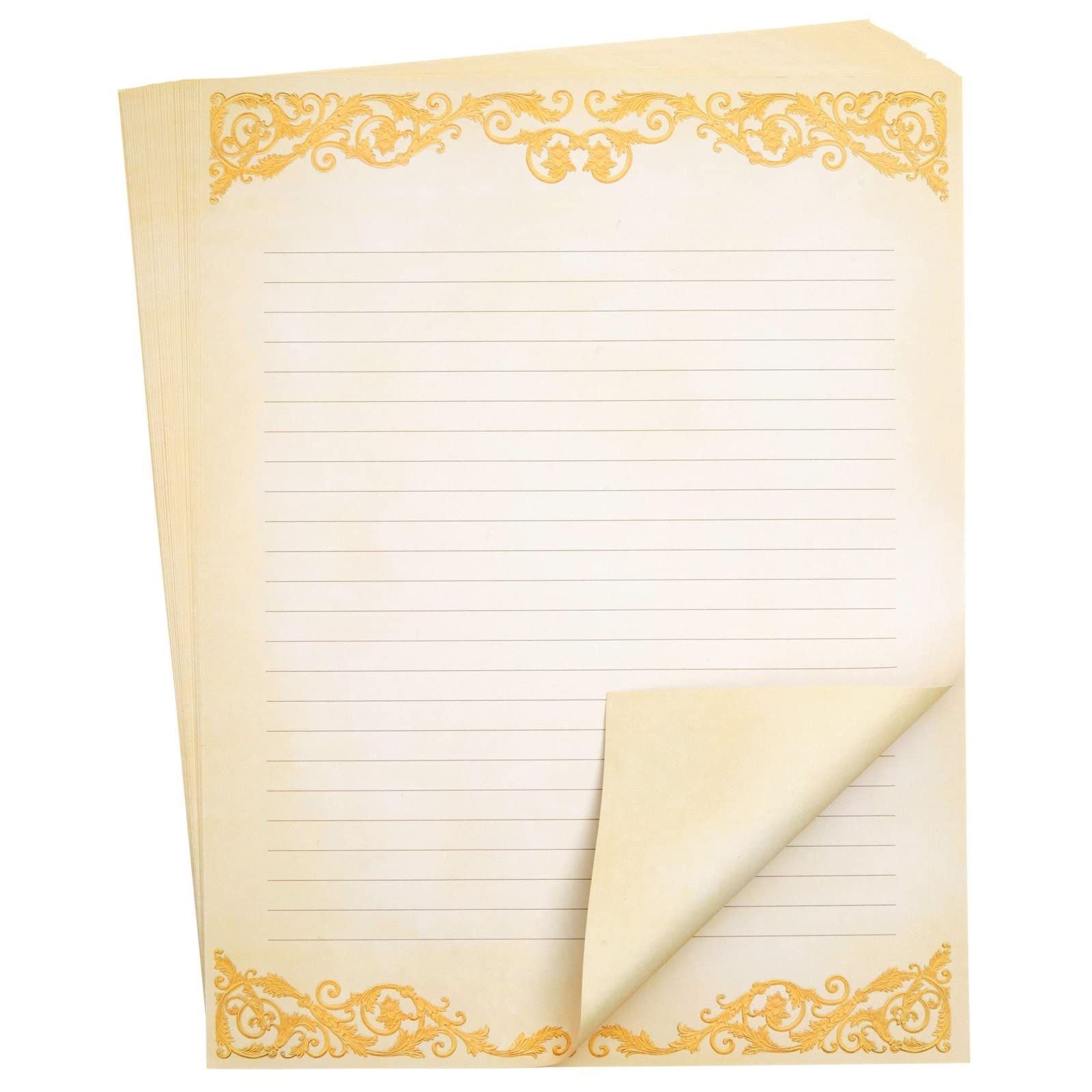 Pipilo Press 48 Pack Vintage Lined Stationery Paper Set for Letter Writing - Old-Fashioned Antique Fancy Ivory Edition 8.5 x 11 In Lined Letter Paper with Gold Border - Vintage Stationery - Image 4