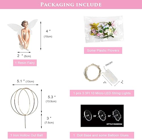 Miniatura 6 de Fairy Garden Houses - Decoración para tartas de cumpleaños, boda, juego de 5 – Hada, flor, bola hueca dorada, luz LED y base de muñeca segura para