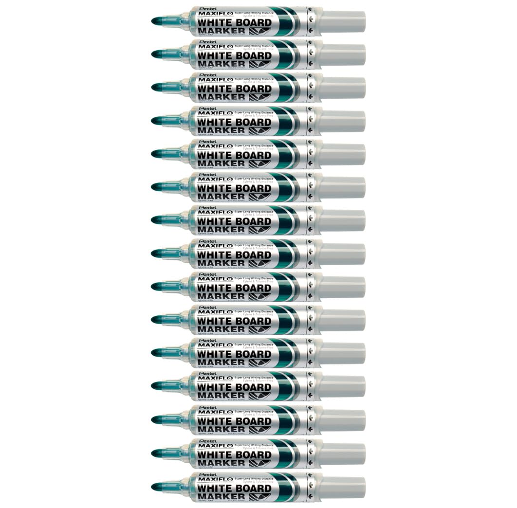 Pentel MWL5M Maxiflo Drywipe Whiteboard Marker, Medium Bullet Point, Green ink (Box of 12)