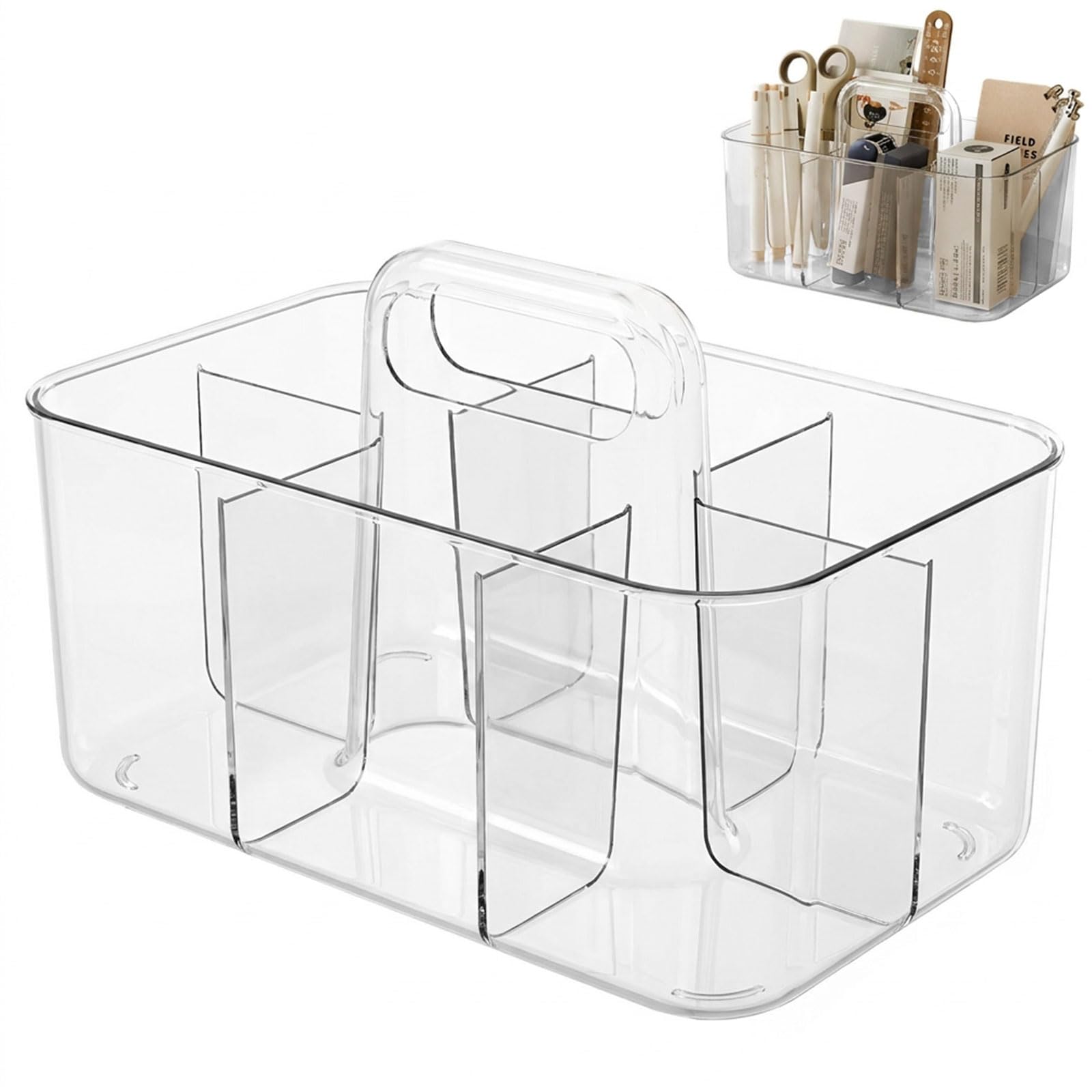Storage Caddy Organiser Transparent, 5-Section Portable Cleaning Caddy with Handle, PET Caddy Cleaning Box for Cleaning Products Organiser, Storage Caddy Plastic Tool Tray for Home Office & Kitchen