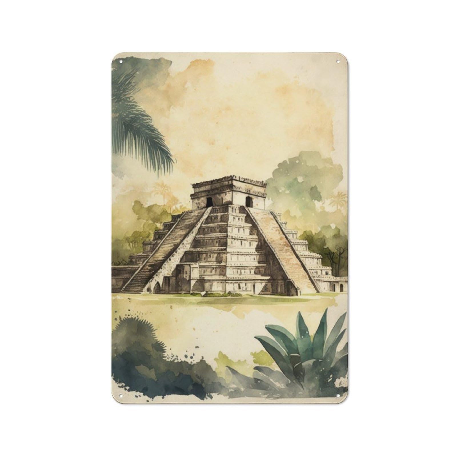 Junmoney Chichen Itza Watercolor Vintage-Inspired Tin Sign 30X20cm For Café Or Restaurant, For Cooler-Month Interiors With Vintage Character