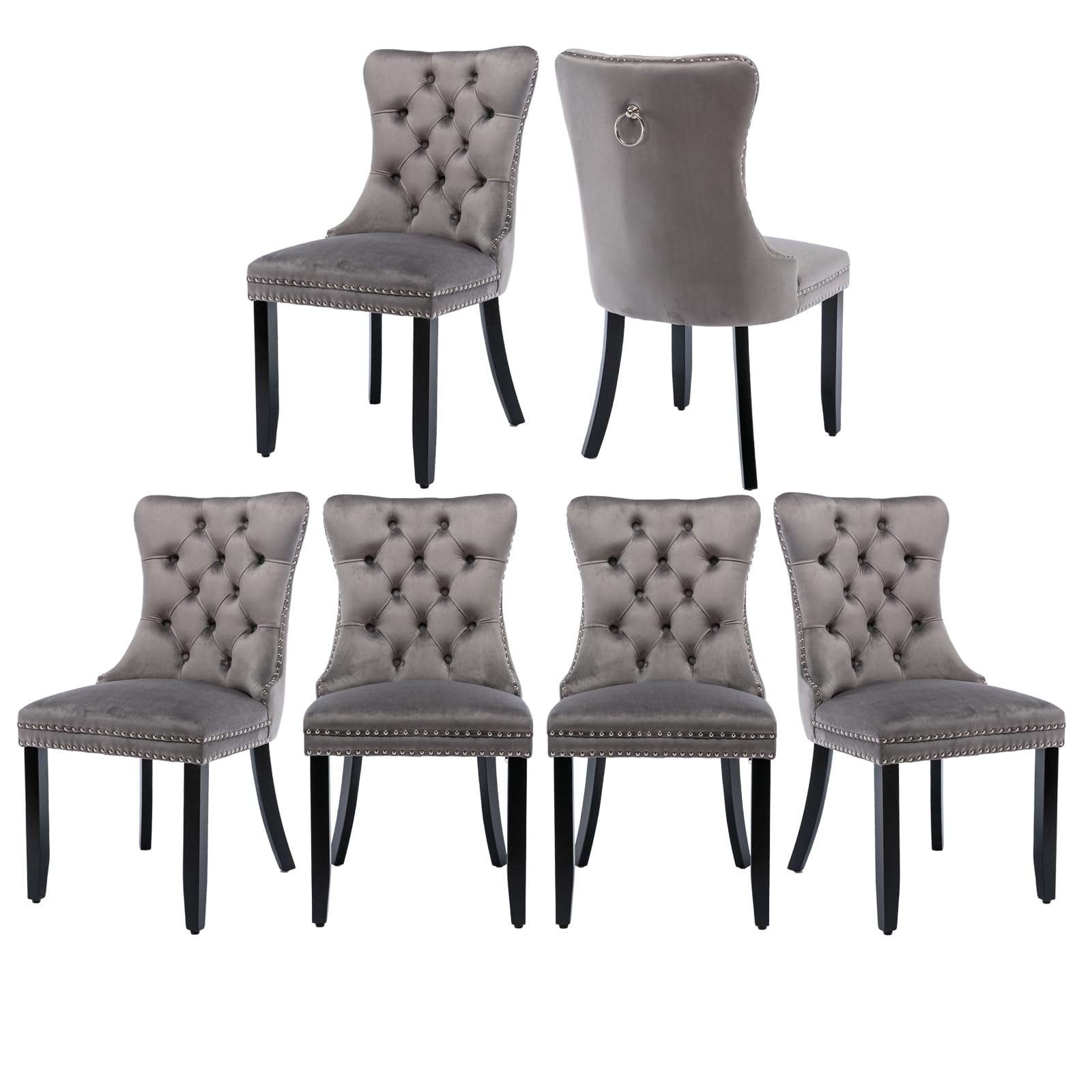 MZDOO Velvet Dining Chairs Set of 6, Tufted Upholstered Dining Room Chairs with Back Ring Pull, Nailhead Trim and Solid Wood Legs, Modern Dining Chair