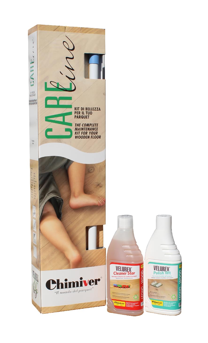 CHIMIVER KIT BELLEZZA Parquet Verniciati - 1L Velurex Cleaner Star + 1L Polish WT + 1 Scopa Lavapavimenti + 2 Panni