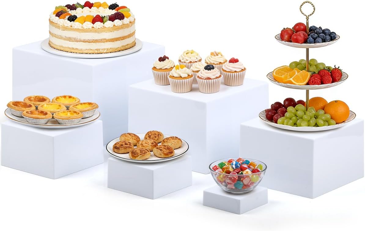 OctBird 6 PCS Buffet Risers and Stands, Food Risers for Buffet Table, Food Display Risers for Party, White Acrylic Boxes Dessert Table Display Set, Risers Display Stands (Size 8" 7" 6" 5" 4" 3")