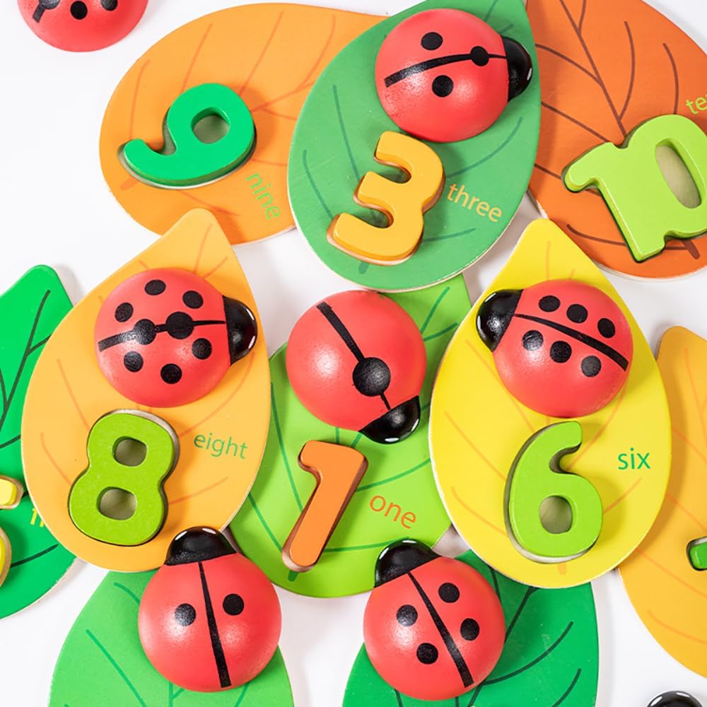 Montessori Ladybugs, Wooden Counting Puzzle - 1-10 Number Matching Toy for Preschool Kids, Ages 2-5 - Sorting & Fine Motor Skills Toys
