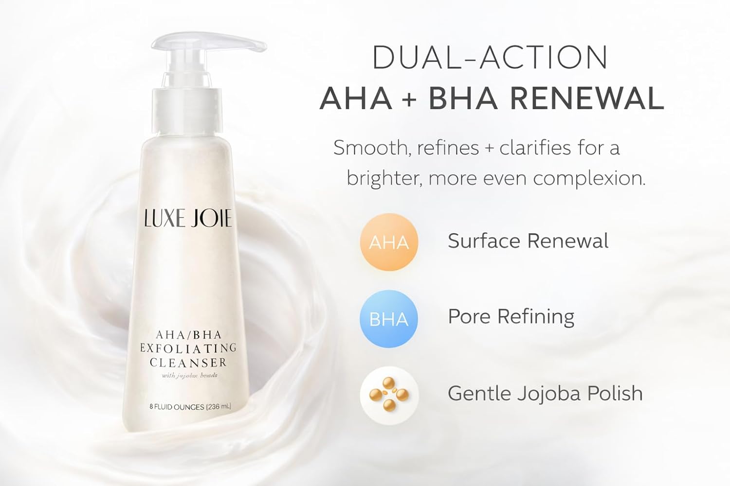 LuxeJoie AHA BHA Exfoliating Cleanser with Jojoba Beads – Glycolic & Salicylic Acid Face Wash – Daily Exfoliating Face Wash for Clogged Pores & Textured Skin – 8 oz