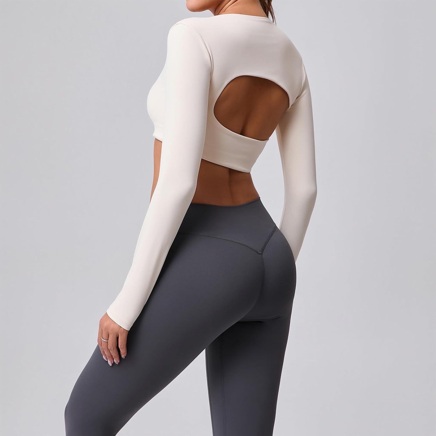 ABOCIW Womens Square Neck Long Sleeve Workout Crop Tops with Built in Bra Slim Fit Cutout Back Gym Yoga Athletic Shirts - Image 4