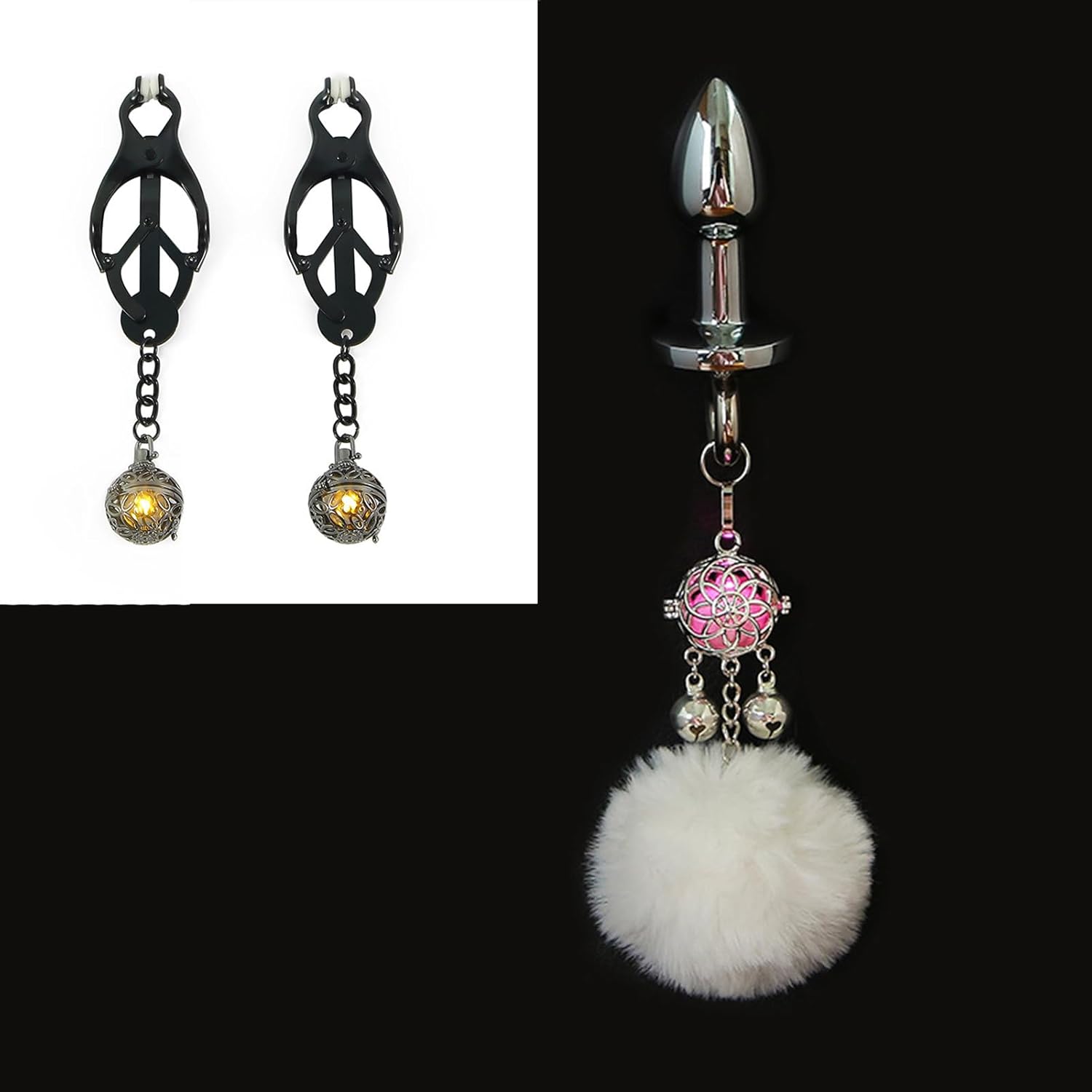 Wearable Tail Anal Plug Cute Plush Ball with Lamp, Cosplay Game Accessorie Luminous Nipple Clips Non Piercing Nipple ToysLuminous Anal Plug Sex Toy with Bell