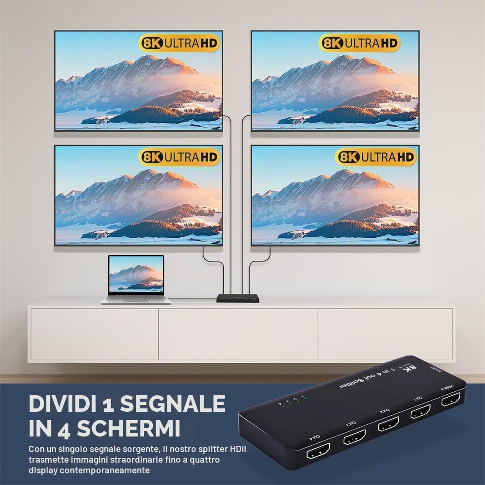 Cablecc Splitter HDMI 2.1 a 4 porte 8K a 60 Hz e 4K a 120 Hz, distribuisce 1 segnale IN a 4 schermi OUT, supporta la connessione stack HDCP con audio da 3,5 mm per PS5.