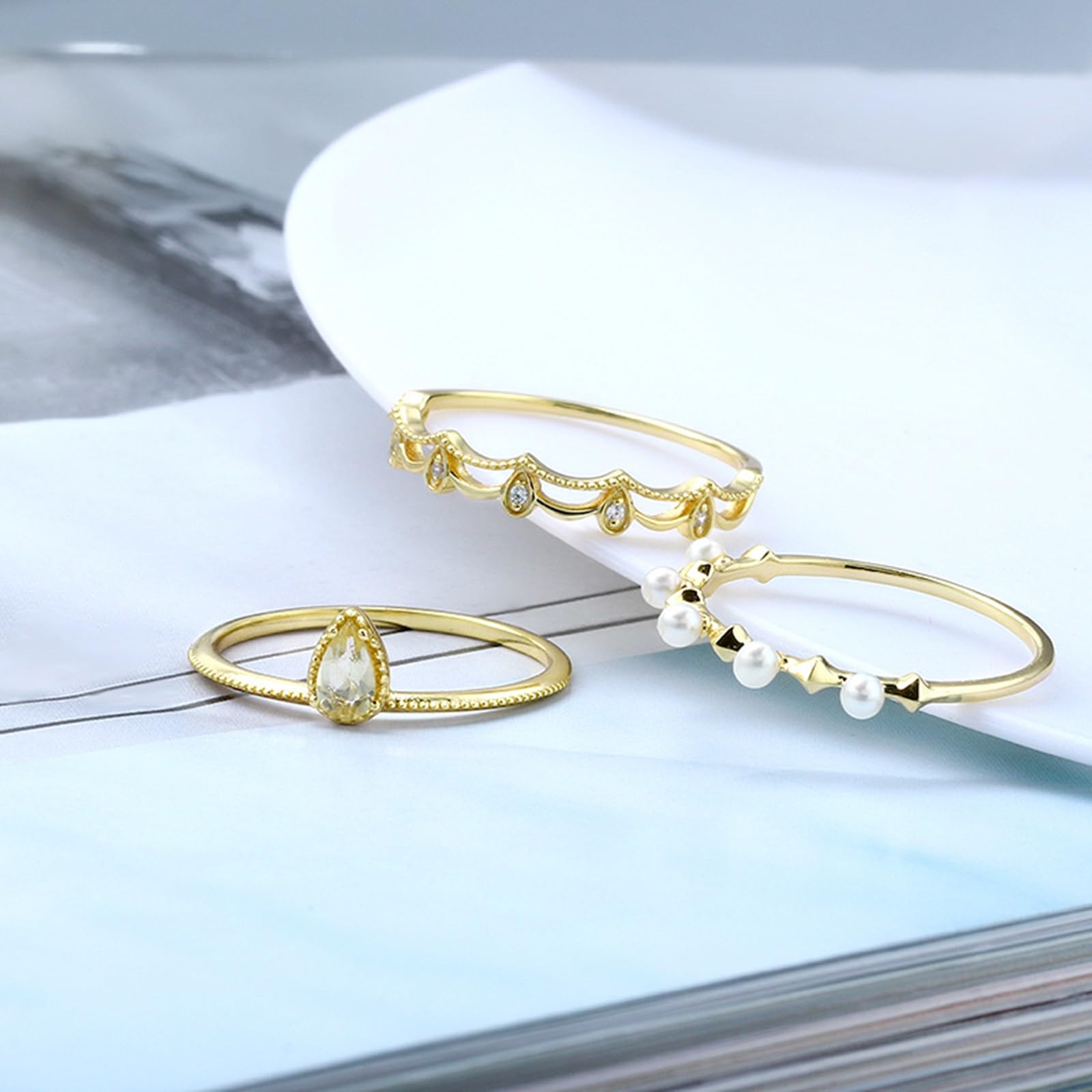 Verlobungsring Gold, Damen Vintage Trauring 3-teiliges Set mit Kristall und Perle, Moissanit aus Gelbgold
